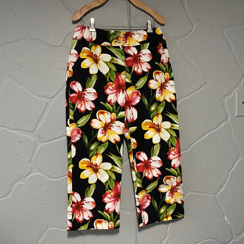 St. John Black Floral Capris with Yellow, Red & Green Blooms